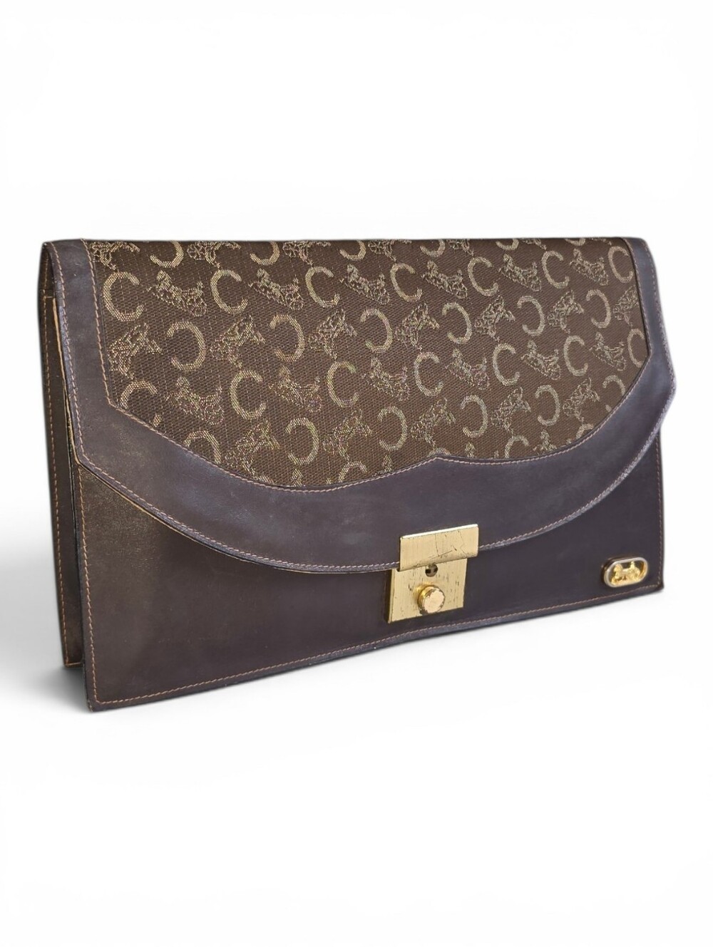 Celine Vintage Brown Monogram Canvas & Dark Brown Leather Clutch